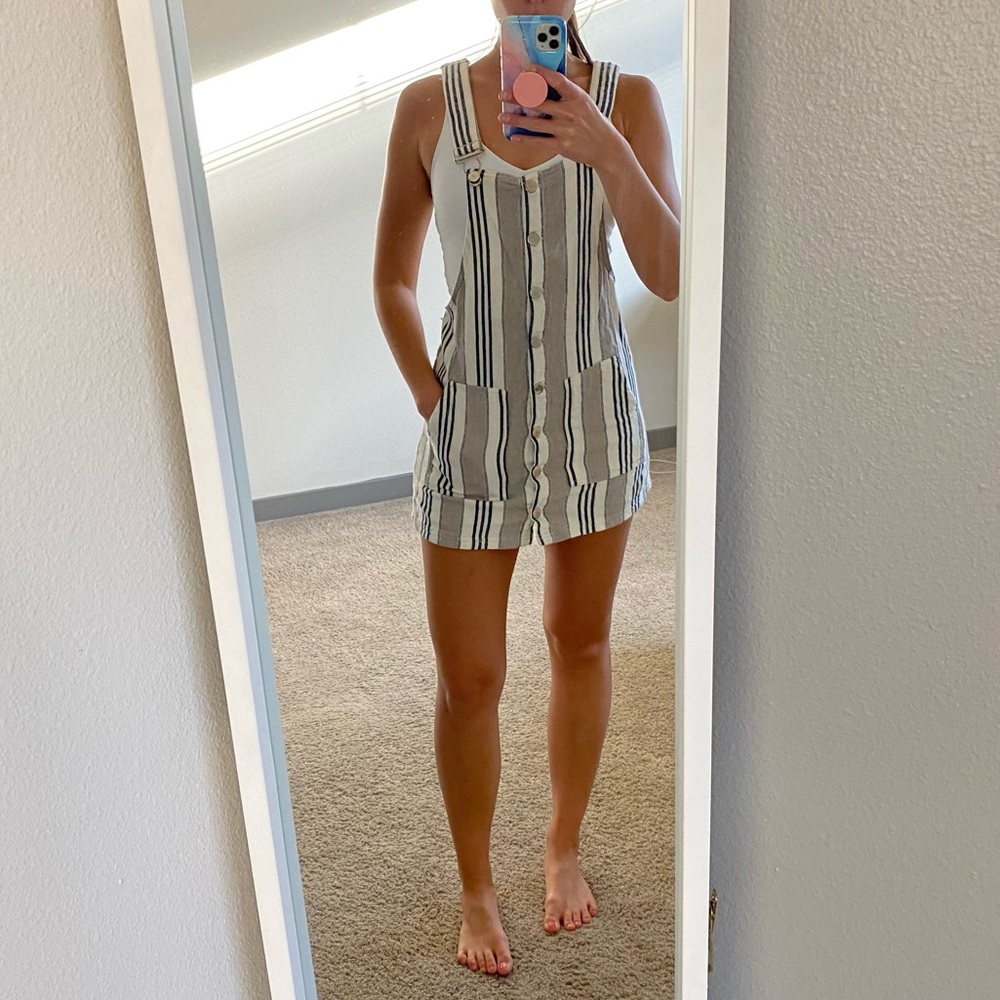 Francesca’s Striped Overalls Mini Dress